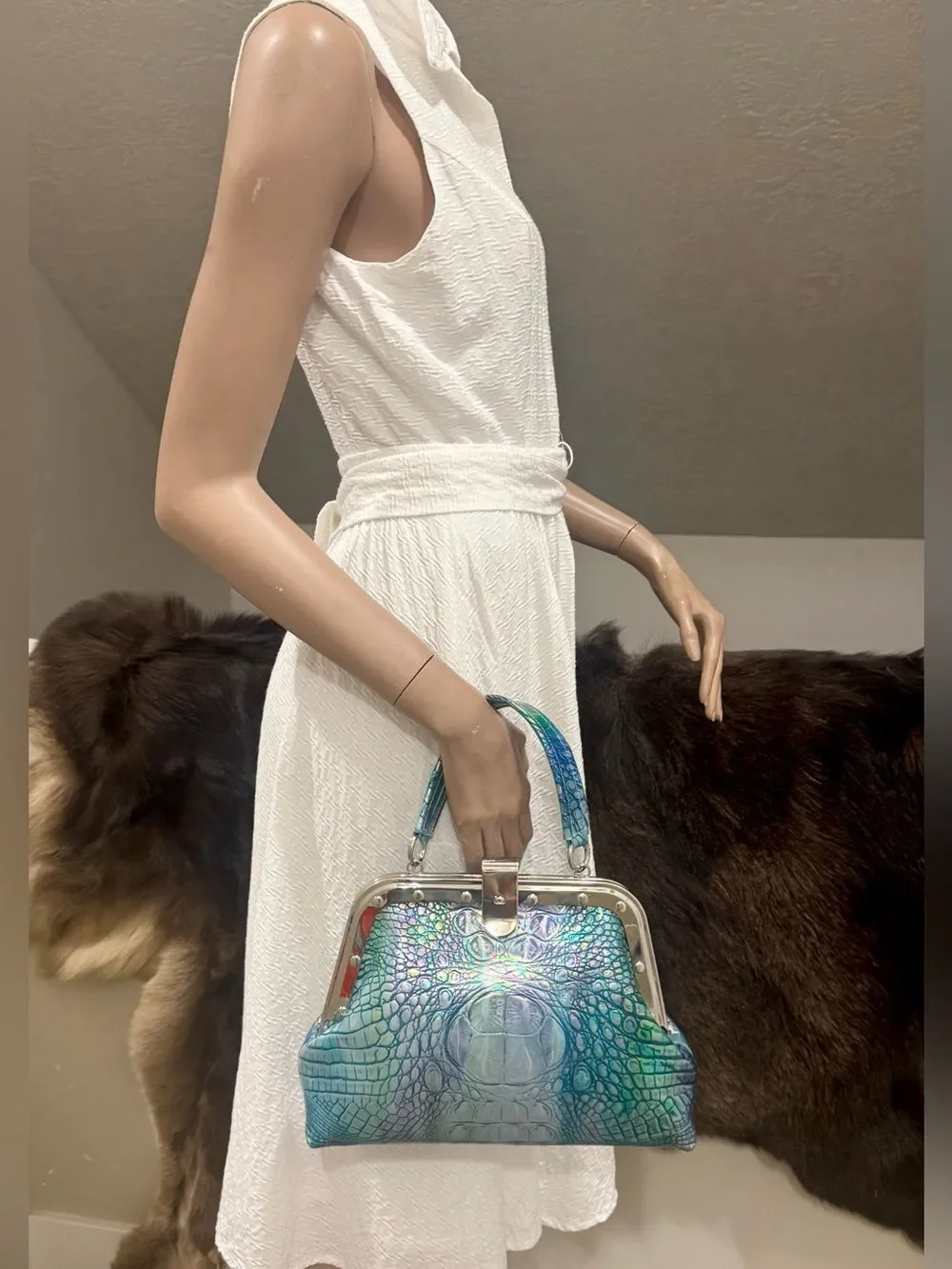 Iridescent Croc-Embossed Cowhide Handmade Unique Rivet Frame Bag, Large Size
